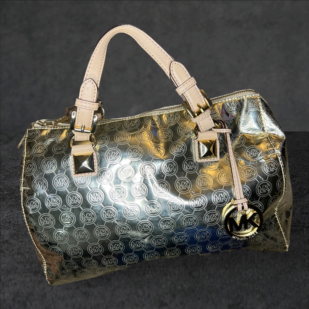 MICHAEL Michael Kors Gold Signature Patent Leather Grayson Satchel Handbag